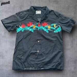 Paradise Found Shirt Mens Medium Black Hawaiian Aloha Bird of Paradise Panel